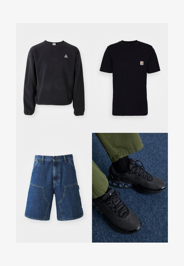 Sort sweatshirt med lange ærmer, rund halsudskæring og elastiske manchetter. Har et lille hvidt trekantet logo på venstre bryst. Blød tekstur.; Sort bomulds T-shirt med korte ærmer, rund hals og en brystlomme, der har et lille, kvadratisk logo-patch. Enkel, ensfarvet design.; Denim shorts med en mørkeblå vask, der har store forlommer, en knaplukning og synlige sømme langs kanterne.; Sorte sportssko med mesh-overdel, tekstureret overflade og synlige luftpolstringselementer. Kombineret med olivengrønne bukser og sorte sokker.