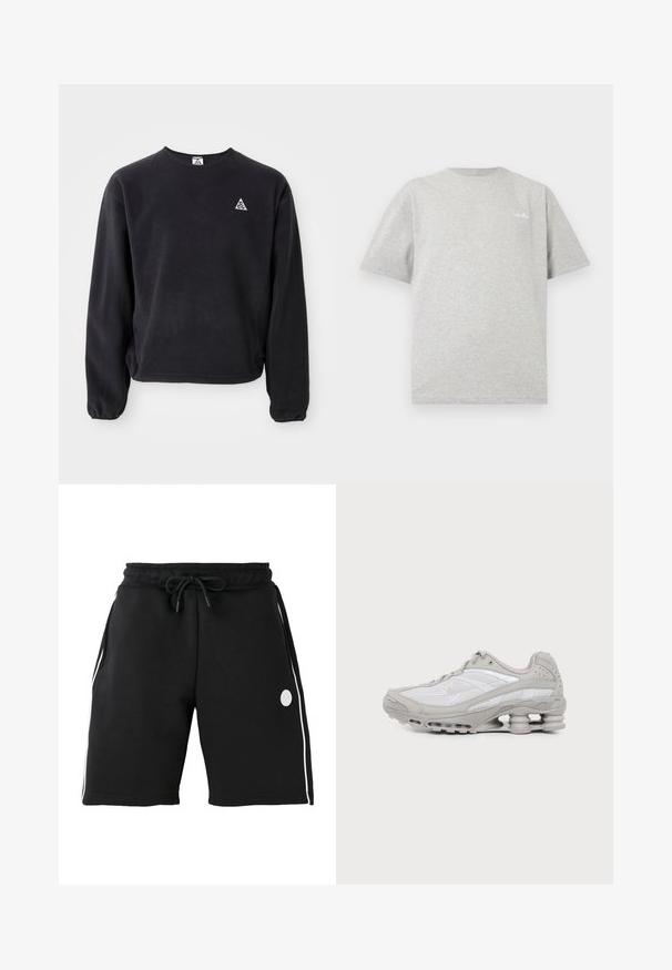 Sort sweatshirt med lange ærmer, rund halsudskæring og elastiske manchetter. Har et lille hvidt trekantet logo på venstre bryst. Blød tekstur.; Lysegrå crewneck t-shirt med korte ærmer og lille hvidt logo på øverste venstre bryst mod hvid baggrund.; Sorte knælange shorts med elastisk linning og snøre, hvide verticale sidestriber og lille rundt logo på venstre lår.; Grå og hvid atletiksko med mesh-paneler, snørelukning og en unik fjedrende sål til stødabsorbering og støtte.