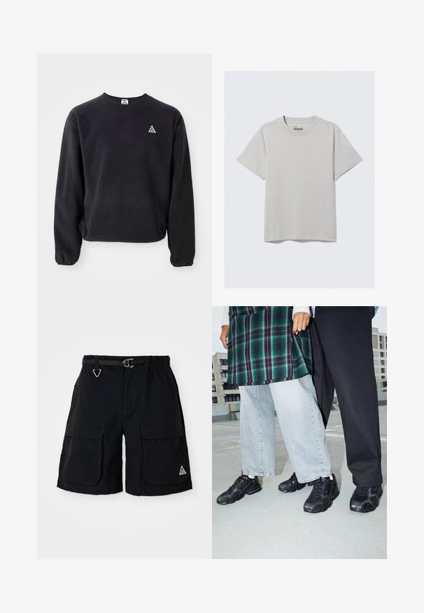 Sudadera negra de manga larga, con cuello redondo y puños elásticos. Presenta un pequeño logo triangular blanco en el lado izquierdo del pecho. Textura suave.; Camiseta de algodón gris claro con cuello redondo y mangas cortas, que presenta un diseño minimalista y un corte relajado. Sin estampados ni acentos.; Bermudas de cargo negras con cinturilla elástica, cinturón integrado, grandes bolsillos laterales y logo ACG en triángulo en la pierna derecha.; Zapatillas deportivas negras con acentos de malla y goma. Combinadas con jeans de pierna ancha de color gris claro y una blusa de cuadros verdes. Fondo de superficie plana.