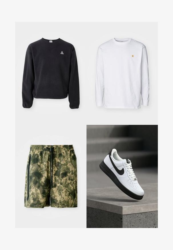Zwarte sweatshirt met lange mouwen, ronde halslijn en elastische manchetten. Heeft een klein wit driehoeklogo op de linkerborst. Zachte textuur.; Witte lange mouwen t-shirt van katoen. Voorzien van een klein gouden logo op de borst en een ronde hals. Eenvoudig ontwerp en standaard pasvorm.; Camouflage zwembroek in groene tinten, gemaakt van lichtgewicht stof, met een elastische tailleband, een trekkoord en zijzakken.; Witte leren sneaker met zwarte accenten, afgeronde neus en geperforeerde details. Zwarte rubberen zool met een gestructureerd patroon en vetersluiting.