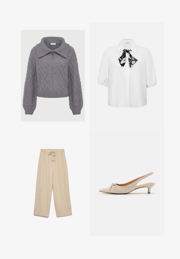 Grå kabelstrikket sweater med ribbet høj krave, delvis frontlynlås, lange ballonærmer samt ribbet kant og manchetter.; Hvid kortærmet bluse med krave og sort-hvidt blomster tørklæde bundet om halsen.; Beige viddebukser med elastisk taljebånd og detaljeret bindebånd foran, lavet af tekstureret stof.; Beige patenterede læder slingback hæle med spidse tæer og en dekorativ sløjfe på vampen. Inkluderer en lav, slank hæl og en glat tekstur.