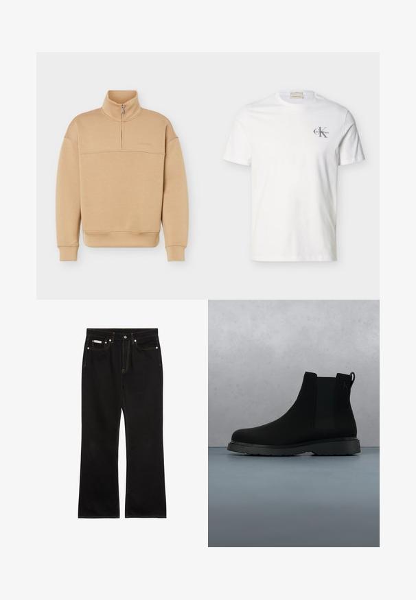 Beige Sweatshirt mit halbem Reißverschluss, hohem Kragen, langen Ärmeln, gerippten Bündchen und Saum sowie dezentem Markenlogo auf der Brust.; Weißes kurzärmeliges Baumwoll-T-Shirt mit kleinem grauem "Calvin Klein"-Logo auf der linken Brust, Rundhalsausschnitt und regulärer Passform.; Schwarze Jeans mit geradem Bein, oranger Naht, fünf Taschen, Knopfverschluss und kleinem Calvin Klein-Label auf der vorderen rechten Tasche.; Schwarze Knöchelstiefel aus glattem Material mit subtilen Nähten, einer Gummisohle und einem eleganten Design, platziert auf einer Oberfläche mit Holzstruktur.