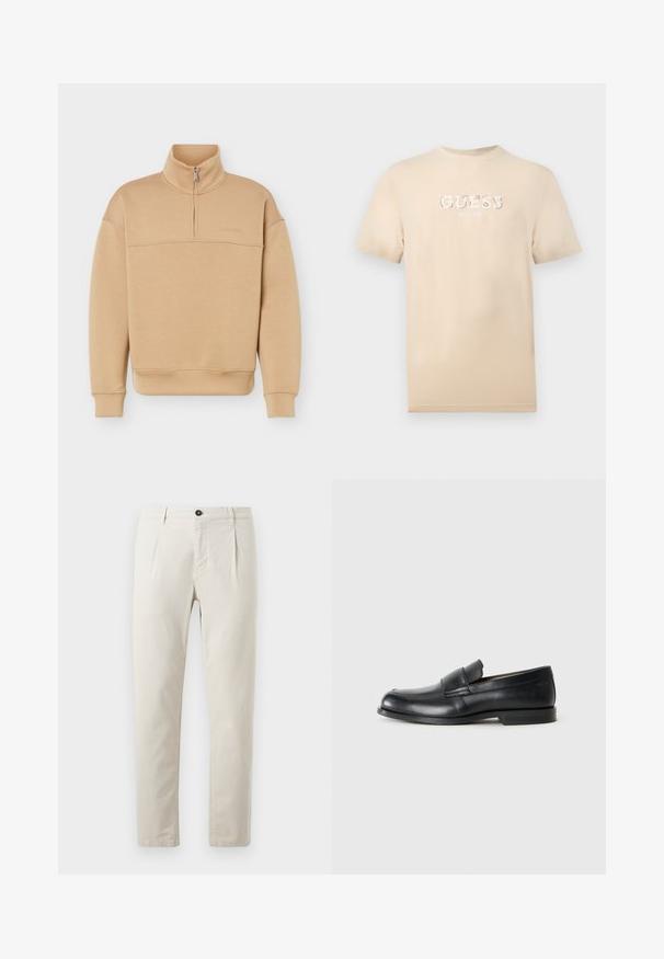 Beige half-zip sweater met hoge kraag, lange mouwen, geribbelde boorden en zoom, en een subtiel merklogo op de borst.; Beige T-shirt met korte mouwen en wit "GUESS EST. 1981" logo in het midden van de borst, geplaatst tegen een effen achtergrond.; Beige katoenen broek met een recht-pijpen ontwerp, uitgerust met een enkele zwarte knoopsluiting en twee voorzakken. Glad van structuur.; Zwarte leren instappers met een ronde neus, gestikte details en een vlakke rubberen zool. Heeft een brede band over de wreef.
