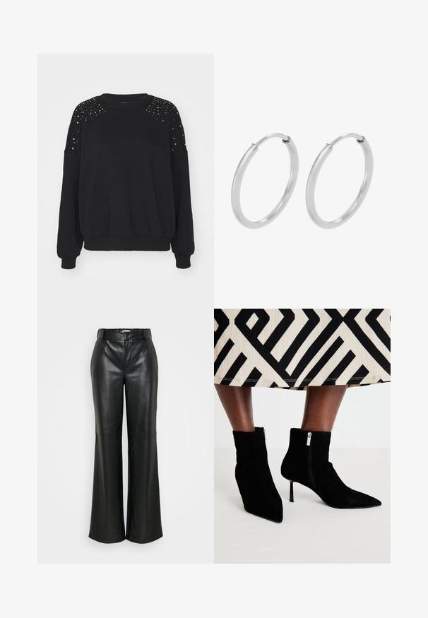ONLY ONLROSALIA O NECK SEQUINS - Sweater - black; ONLY Tall ONLSMOOTH WIDE - Broek - black; Zwarte suède enkellaarzen met puntige neuzen, stiletto-hakken en zijritsen. De visuele textuur is zacht; het ontwerp is slank en aansluitend.; Zilveren hoepeloorbellen, cirkelvormig, met een gladde glanzende textuur en een constante breedte. Minimalistisch ontwerp zonder extra accenten.