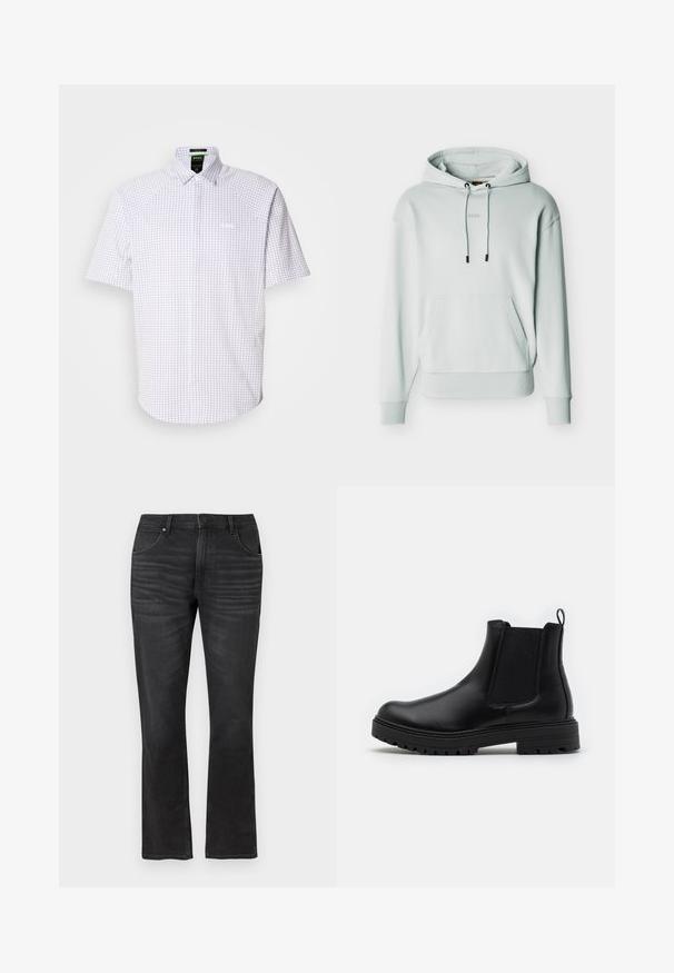 Helehall halli pullover kapuutsiga dressipluus esiosas kotiga, reguleeritavate nööridega, soonikkoes varrukaotste ja alumise osaga ning peene "BOSS" logoga rinnal.; Lühikeste varrukate ja nööpidega valge särk sinise ruuduline muster. Omab klassikalist krae ja diskreetset logo rinnal.; Mustad mustad teksad, millel on klassikaline viie tasku disain, õmmeldud õmblused ja nupuga talje sulgemine.; Zign LEATHER - Klassikalised poolsaapad - black