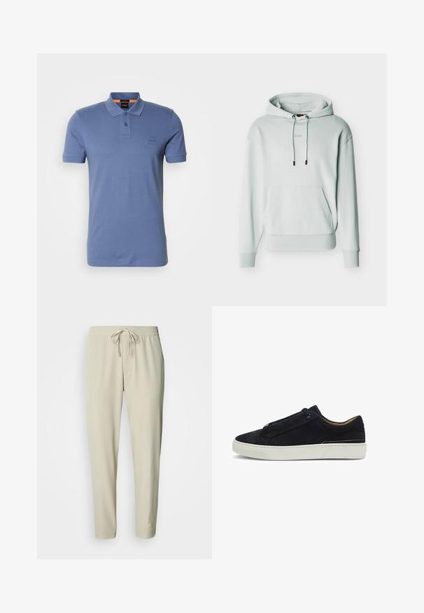 Lysegrå pullover-hoodie med kængurulomme foran, justerbare snore, ribstrikkede manchetter og kant, samt et diskret "BOSS"-logo på brystet.; Blå bomulds polo-shirt med klassisk krave, to-knap lukning og et lille logo-patch på brystet. Korte ærmer og normal pasform.; Beige bukser med elastik i taljen og snøre. Glat stof med sidelommer og en afslappet pasform, der smalner af ved anklerne.; Suede sorte sneakers med hvid gummisål, strømlinet design, rund tå og tonale snørebånd. Har minimal syning og subtile detaljer.