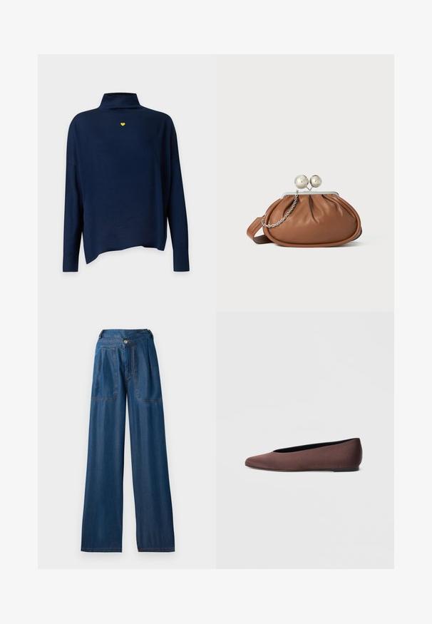 Marineblauwe coltrui met lange mouwen en een klein geel hartje geborduurd in het midden van de borst.; Donkerblauwe wijde jeans van denim, met twee voorzakken, een knoopsluiting en contrasterende oranje stiksels.; Bruine stoffen balletschoenen met een puntige neus en een gladde textuur, voorzien van een lage achterkant en een dunne zwarte zool. Geen zichtbare patronen of metalen onderdelen.; Bruine leren clutch met een zilveren balsluiting en een klein zilveren kettingdetail op een witte achtergrond.