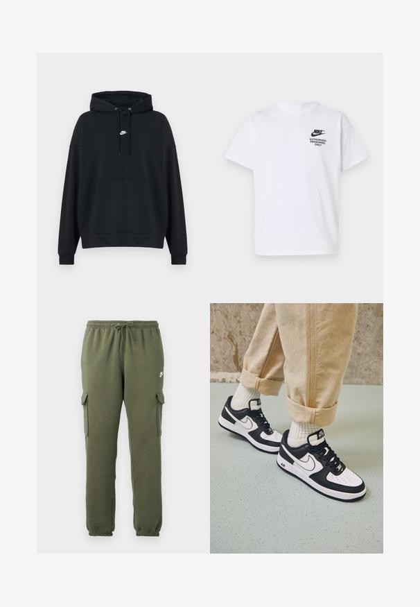Schwarzer Nike-Hoodie mit Kängurutasche vorne, verstellbarer Kapuze mit Kordelzug und kleinem weißen Nike-Logo mittig auf der Brust.; Weißes Nike T-Shirt mit kurzen Ärmeln, schwarzem "Nike"-Logo und dem Text "Authorized Personnel Only" auf der linken Brust.; Olivgrüne Cargo-Hosen mit elastischem Bund, Kordelzugverschluss, Seitentaschen und logo auf dem Oberschenkel. Glattes Baumwollmischgewebe.; Schwarz-weiße Nike Air Force 1 Sneaker mit einem Obermaterial aus Leder, perforierter Zehenpartie und strukturiertem Sohlendesign, getragen mit aufgerollten beigen Hosen und weißen Socken.