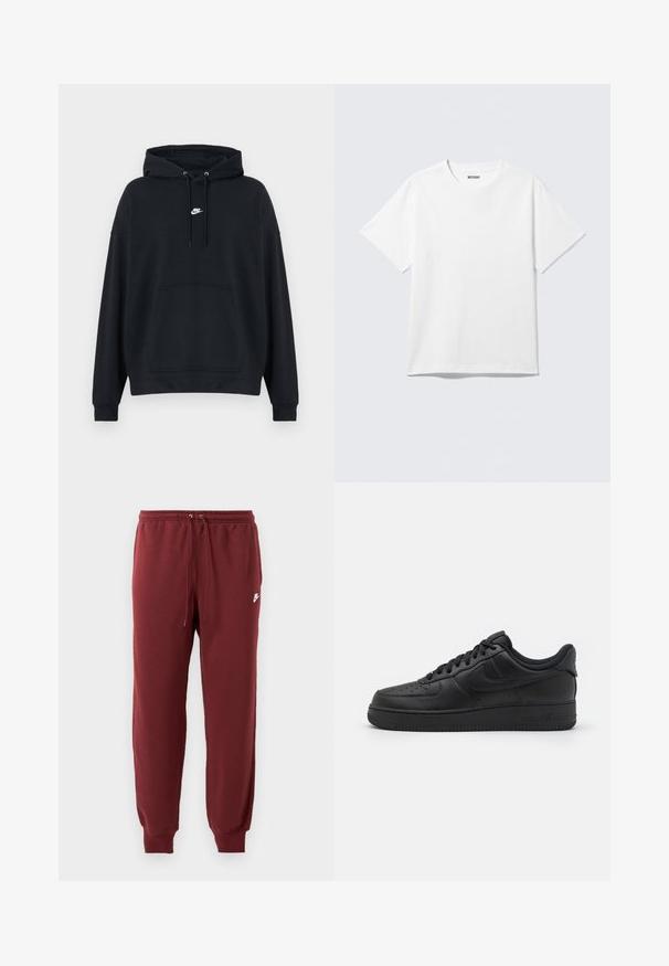 Schwarzer Nike-Hoodie mit Kängurutasche vorne, verstellbarer Kapuze mit Kordelzug und kleinem weißen Nike-Logo mittig auf der Brust.; Weißes T-Shirt mit kurzen Ärmeln und Rundhalsausschnitt, flach liegend, schlichtes Design, mit „WEEKDAY“-Etikett innen im Kragen auf hellem Hintergrund.; Burgunderfarbene Sweatpants aus weichem Material, mit elastischem Bund und Kordelzug sowie schmal zulaufenden Bündchen, versehen mit einem kleinen weißen Logo.; Nike Sportswear AIR FORCE 1 07 FLYEASE - Sneaker low - black