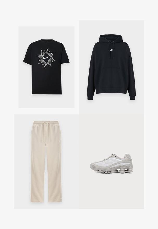 Sudadera negra de Nike con capucha y bolsillo canguro frontal, cordón ajustable en la capucha y pequeño logo blanco de Nike centrado en el pecho.; Camiseta negra de manga corta con el símbolo blanco de Nike en el centro, rodeado por un diseño circular dinámico con picos.; Pantalones deportivos beige Nike con cintura elástica, cordón, piernas rectas y pequeño logo blanco de swoosh en el muslo izquierdo.; Zapatilla deportiva gris y blanca con suela visible de amortiguación de aire y paneles de malla, mostrada de perfil sobre un fondo claro y sencillo.