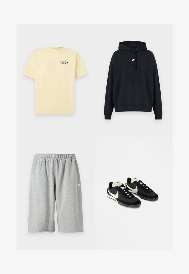 Zwarte Nike hoodie met voorzak in kangoeroestijl, verstelbare capuchon met trekkoord en klein wit Nike-logo in het midden van de borst.; Geel katoenen t-shirt met korte mouwen en een ronde halslijn, met een bedrukt grafisch logo op de linkerborst.; Grijze katoenen shorts met een elastische tailleband, voorzien van een losse pasvorm en een klein wit logo vlakbij de zoom. Gladde textuur, boven-knielengte.; Zwarte sportieve schoenen met een gestructureerde bovenkant, witte swoosh-logo en rubberen zool met kleine noppen voor grip. Crèmekleurige kraag.