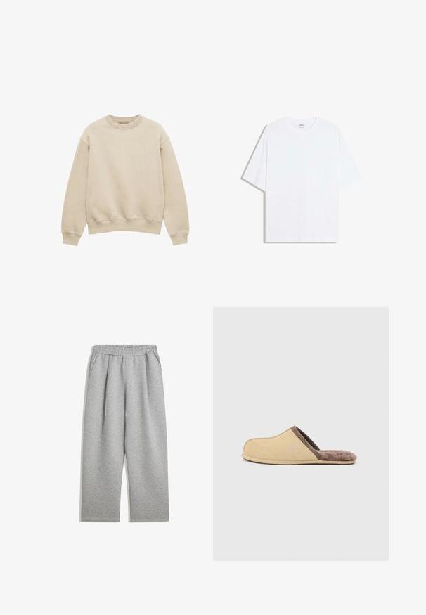 Sweat-shirt beige à manches longues avec col rond, poignets et ourlet côtelés, présenté sur fond blanc.; T-shirt oversize en coton blanc avec un col rond et des manches courtes ; texture lisse, sans motifs ni accents visibles.; Pantalon de survêtement gris clair avec taille élastique et poches latérales, coupe droite, fabriqué en tissu doux.; Chausson beige à enfiler avec un bord marron et une doublure en fourrure douce, semelle plate et bout fermé, vue de côté sur un fond clair uni.