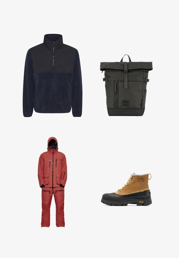 Navyblauer Fleece-Pullover mit einem schwarzen Frontpanels, hohem Kragen und halbem Reißverschluss. Weiche Textur mit entspannter Passform.; Roter wasserdichter Skianzug mit Kapuze, ausgestattet mit schwarzen Reißverschlüssen und Akzenten, mehreren Taschen und einem strukturierten Stoff für Isolierung.; Braun-schwarzer isolierter Winterstiefel mit Schnürung, Gummisohle und Vibram-Profil, mit Sorel- und Gore-Tex-Logos.; Rolltop-Rucksack aus dunkelgrünem Stoff; verfügt über einen Schnallenverschluss, eine seitliche Reißverschlusstasche und eine strukturierte Oberfläche mit einem soliden schwarzen Boden.