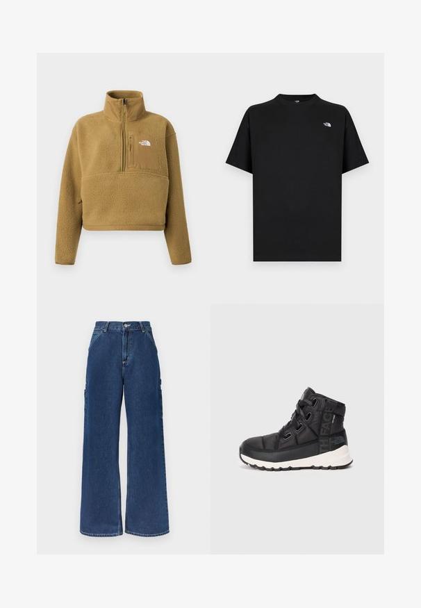 Tan fleece pullover med halv lynlås i kraven, frontlomme og elastisk kant; har en blød, struktureret overflade og en hvid logoaccent.; Sort t-shirt med korte ærmer lavet af bomuld med rund hals. Har en lille hvid logo på venstre bryst og en standard pasform.; Mørkeblå denimjeans med høj talje og brede ben, med forlommer, sidelommer til værktøj, og lukning med knap og lynlås.; Sorte mellemhøje vandrestøvler med tekstureret overflade, justerbare snørebånd og hvid gummisål. Har branding på siden.