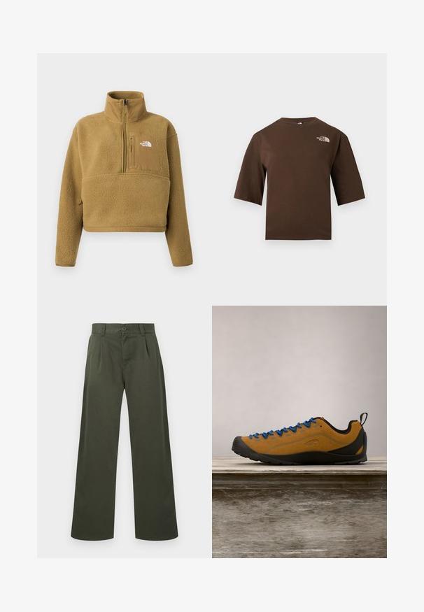 Tan fleece pullover med halv lynlås i kraven, frontlomme og elastisk kant; har en blød, struktureret overflade og en hvid logoaccent.; Brun t-shirt med korte ærmer og rund hals samt The North Face-logo i hvidt trykt på øverste venstre bryst.; Olivengrønne bukser med lige ben, bæltestropper, knaplukning foran og sidelommer på hvid baggrund.; Brun ruskind udendørs sko med blå snørebånd, sort gummisål og et strømlinet design. Har en bageste pull-tab for nem påtagning.