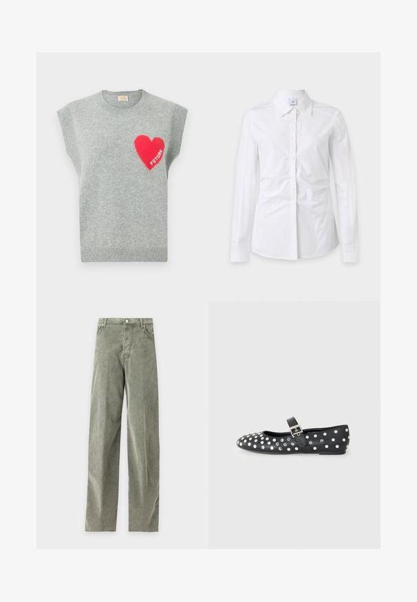 Grå ærmeløs sweater lavet af blødt strikket stof, der har et stort rødt hjerte med teksten "FUTURE" på venstre side. Ribbet rund halsudskæring og kant.; Hvid skjorte med lange ærmer, knapper og krave, let krøllet stof og et synligt mærkeindvendigt i kraven.; Grønne kordfløjlsbukser med lige ben, foran med knap og lynlås, bæltestropper samt sidelommer og baglommer, vist fladt på en ensfarvet baggrund.; Sorte læder flade sko med rund tå, prydet med sølvnitter i et prikket mønster og en spænde rem over vristen.
