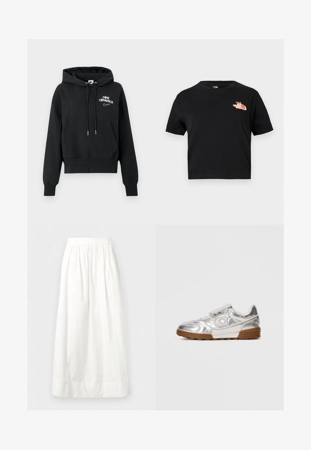 Sweat à capuche court noir en tissu doux, avec une poche avant et des cordons, arborant le logo "nike athletics" et le swoosh blancs.; T-shirt noir court à manches courtes avec un petit logo The North Face rouge et blanc sur le haut à gauche de la poitrine.; Jupe blanche longueur cheville avec taille élastique froncée et tissu léger et fluide.; Sneaker métallique argenté avec un logo "C" blanc, des lacets blancs et une semelle en caoutchouc marron, présenté sur le côté sur un fond clair uni.