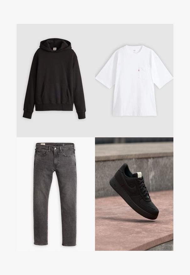 Schwarzer Levi's Hoodie mit vorderer Kängurutasche und dezentem Logo, das auf der Brust gestickt ist, vor einem schlichten hellen Hintergrund präsentiert.; Weißes Baumwoll-T-Shirt mit kurzen Ärmeln, rundem Ausschnitt und Brusttasche auf der linken Seite. Mit kleinem rotem Logotag an der Tasche.; Graue Jeans aus Denim mit geradem Schnitt, fünf Taschen-Design und Knopfleiste. Besitzt dezente Ausbleichungen und tonal abgestimmte Nähte.; Schwarzer Nike Air Force 1 Sneaker, der über einer rosa Betonkante mit grauem Stein-Hintergrund schwebt und Seiten- sowie Oberseiten-Details zeigt.