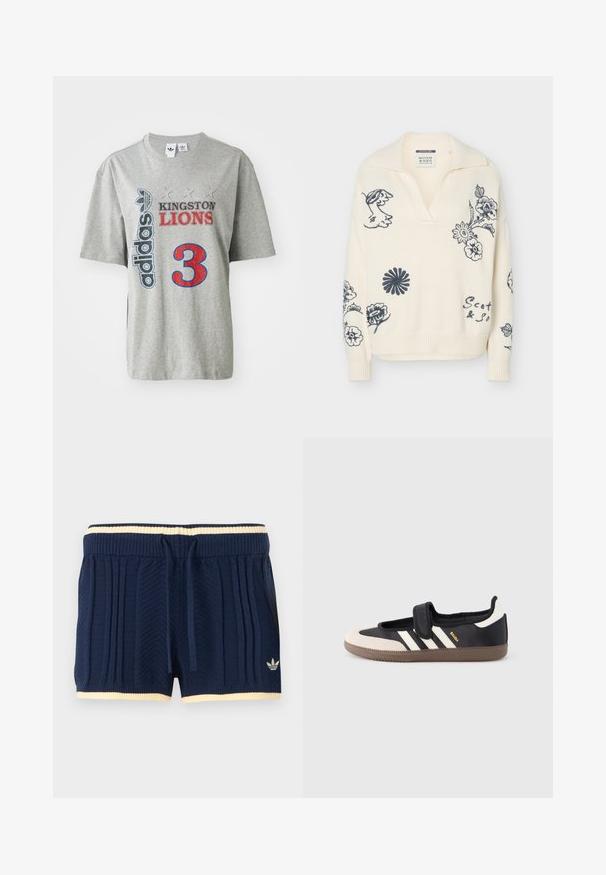 Pull en maille crème avec broderie noire florale et visage abstrait, poignets et ourlet côtelés, et col en V.; T-shirt en coton gris présentant le logo "adidas", le texte "KINGSTON LIONS" en rouge et noir, et un grand graphique rouge "3" à l'avant. Manches courtes.; Shorts en maille bleu marine avec texture côtelée, bordure crème à la taille et à l'ourlet, cordon de serrage à l'avant, et logo Adidas sur la jambe gauche.; Baskets noires et beiges avec une bride en velcro, trois bandes blanches sur le côté, et une semelle en caoutchouc marron texturée. Logo de la marque visible.