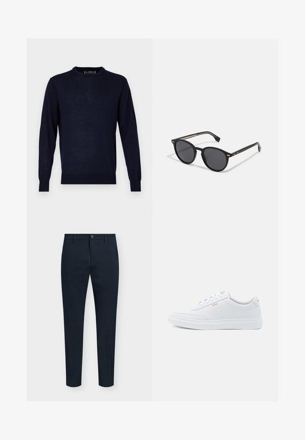 Pull-over en laine bleu marine à manches longues fabriqué dans un tissu lisse et léger. Il présente un col rond et des poignets et un ourlet côtelés. Design minimaliste.; Pantalon slim bleu marine pour homme avec fermeture avant à bouton et zip, passants pour ceinture et design minimaliste.; Baskets blanches en cuir avec une texture lisse, bout rond et coutures tonales. Possède des lacets bleus et un logo doré sur le côté.; BOSS Lunettes de soleil - black