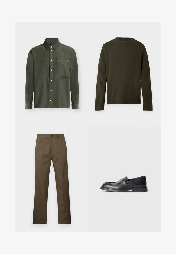 Pull vert foncé à manches longues, col rond, avec poignets et ourlet côtelés, présenté sur un fond clair et neutre.; Chemise en velours côtelé vert foncé à manches longues, poche poitrine et boutons-pression sur le devant.; Pantalon en coton brun à coupe droite, avec une fermeture à bouton et des poches latérales, exposé sur un fond blanc.; Mocassins en cuir noir avec une finition texturée, dotés d'une bride décorative à l'avant et d'un bout arrondi. Semelle en caoutchouc pour plus de durabilité.