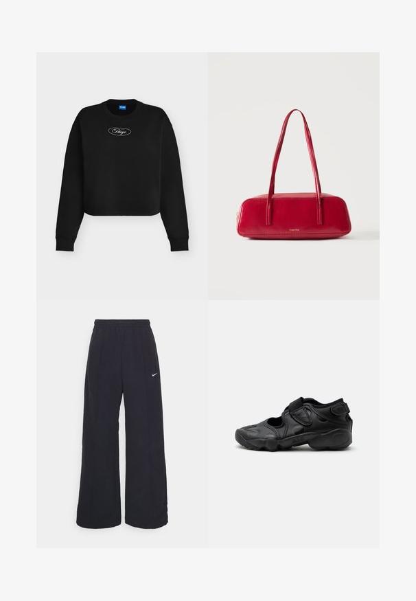 Zwarte cropped sweatshirt met lange mouwen, geribde manchetten en wit "Hugo"-logo in een ovaal op de borst.; Zwarte wijde broek met een elastische tailleband en een klein wit Nike-logo. De stof heeft een soepele textuur, ontworpen voor comfort en casual gebruik.; Zwarte sportieve sandaal met gesloten neus, klittenbandriemen op de middenvoet en hiel, en een dikke gewatteerde zool met de tekst "AIR" aan de zijkant.; Rode rechthoekige handtas met lange banden en klein gouden "Calvin Klein" logo aan de voorkant, getoond tegen een effen witte achtergrond.