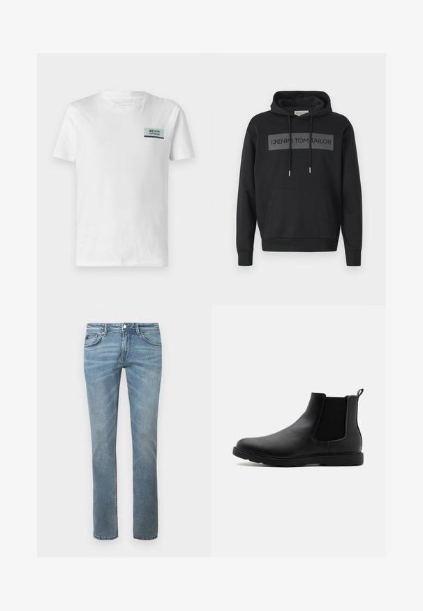 TOM TAILOR DENIM Jersey con capucha - black; Camiseta de algodón blanca con un pequeño parche de logo azul y negro en el pecho. El diseño es simple, con cuello redondo y mangas cortas.; Jeans de color azul claro con un diseño de pierna recta, fabricados en denim. Incluyen bolsillos estándar, trabillas para el cinturón y un desvanecimiento sutil.; Botín Chelsea negro de cuero con paneles laterales elásticos, una tira de agarre y una suela de goma duradera. Textura suave y diseño aerodinámico.