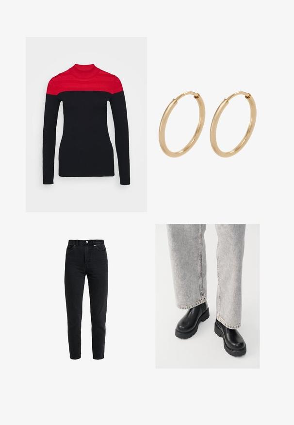 Schwarzer Langarm-Rollkragenpullover mit einem roten Streifenmuster im oberen Bereich, gefertigt aus einem gerippten Strickmaterial.; Schwarze Jeans mit hoher Taille, vorderem Knopf und Reißverschluss, zwei vorderen Taschen und einem verjüngten Bein auf weißem Hintergrund.; Vagabond COSMO - Plateaustiefelette - black; Goldene Creolen mit einer glatten, polierten Oberfläche. Abgerundete Form, mittlere Größe, ausgestattet mit einem sicheren Verschlussmechanismus.