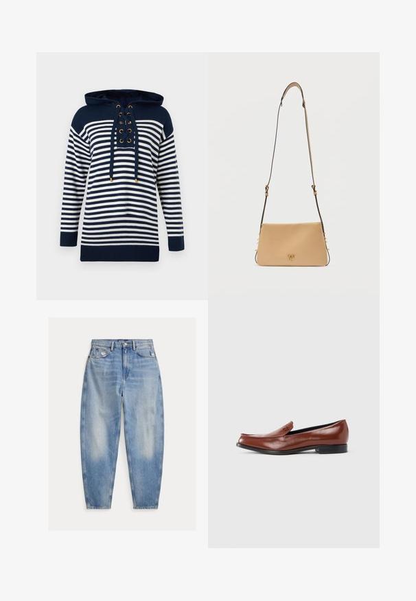 Langærmet strikket sweater med navy og hvide striber, hætte og snørelukning foran med metaløjer og snore.; Lyseblå cowboybukser med høj talje med let falmning og slid nær forlommerne, fem-lomme stil og tilspidsede ben.; Brune læder loafers med en glat finish, rundet tå, lav hæl og minimal syning. Har et lille logo på siden.; Beige rektangulær skuldertaske i læder med justerbar strop og lille gyldent dekorativt spænde på frontens midte.