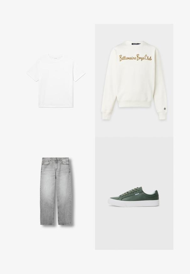 Witte crewneck trui met lange mouwen en "Billionaire Boys Club" in gouden letters op de borst, klein logo patch op de linker manchet.; Witte katoenen T-shirt met korte mouwen, een ronde halslijn en een rechte zoom. Glad textuur zonder zichtbare patronen of accenten.; Lichtgrijze rechte spijkerbroek met voorzakken, riemlussen en knoopsluiting, plat weergegeven op een witte achtergrond.; Groene synthetische lage sneaker met witte rubberen zool, ronde neus, zes veterogen en platte veters. Minimaal merk op de zijkant.