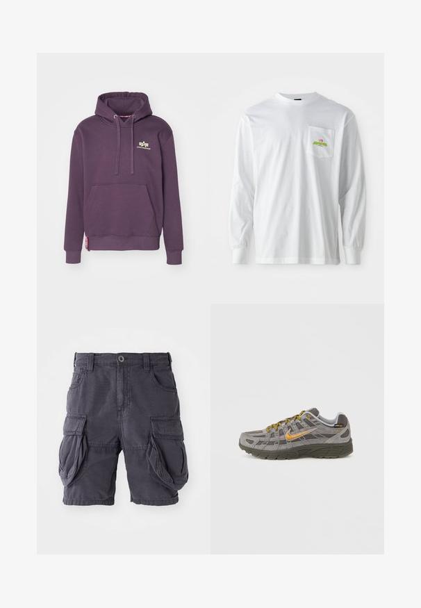 Haut à capuche violet en mélange de coton avec une poche kangourou, un cordon de serrage au niveau de la capuche et un petit logo doré sur la poitrine. Présente des poignets et un ourlet côtelés.; T-shirt à manches longues blanc avec un col rond, doté d'une poche poitrine comportant un petit logo coloré brodé et du texte.; Shorts cargo en coton gris foncé, avec une coupe classique, plusieurs poches latérales et une fermeture à bouton à l'avant. Texture lisse.; Baskets en daim gris avec accents dorés, panneaux texturés et lacets assortis. Comprend une semelle coussinée et un détail de logo sur le côté.
