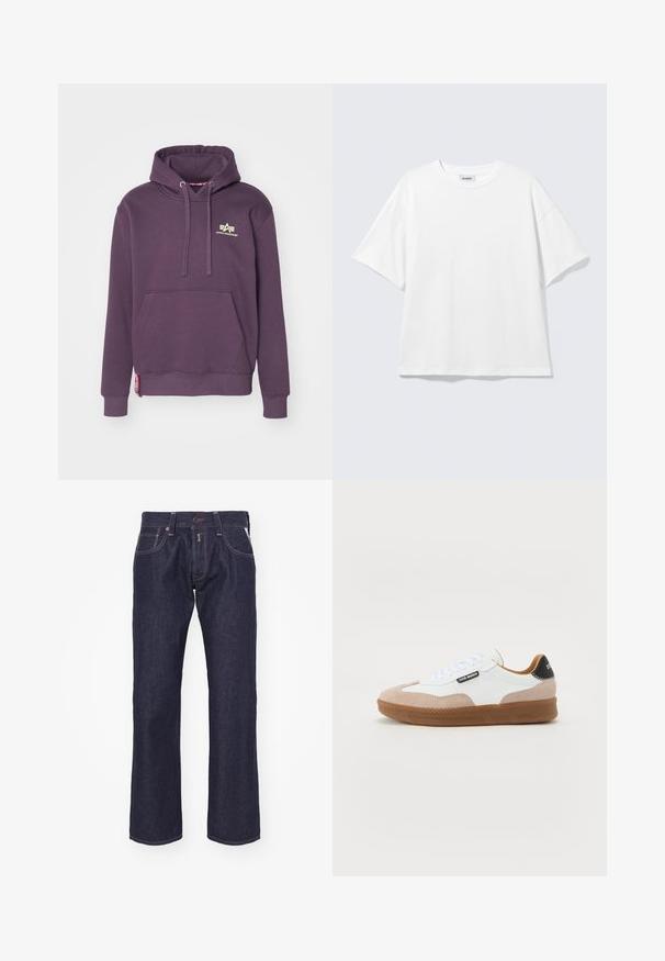 Lilla hættebluse lavet af bomuldsblanding med kengurulomme, snøre i hætten og lille gul logo på brystet. Har ribbede manchetter og kant.; Hvid oversized t-shirt med korte ærmer og rund halsudskæring med sænkede skuldre, fladt lagt på lys grå baggrund.; Mørkeblå denim jeans med lige ben-design. Funktioner inkluderer en knaplukning, fem lommer og kontrastsyning.; Hvide og beige ruskinds sneakers med en brun gummi sål, flade snørebånd og en sort hæl-accent. Har logo detaljer på siden.