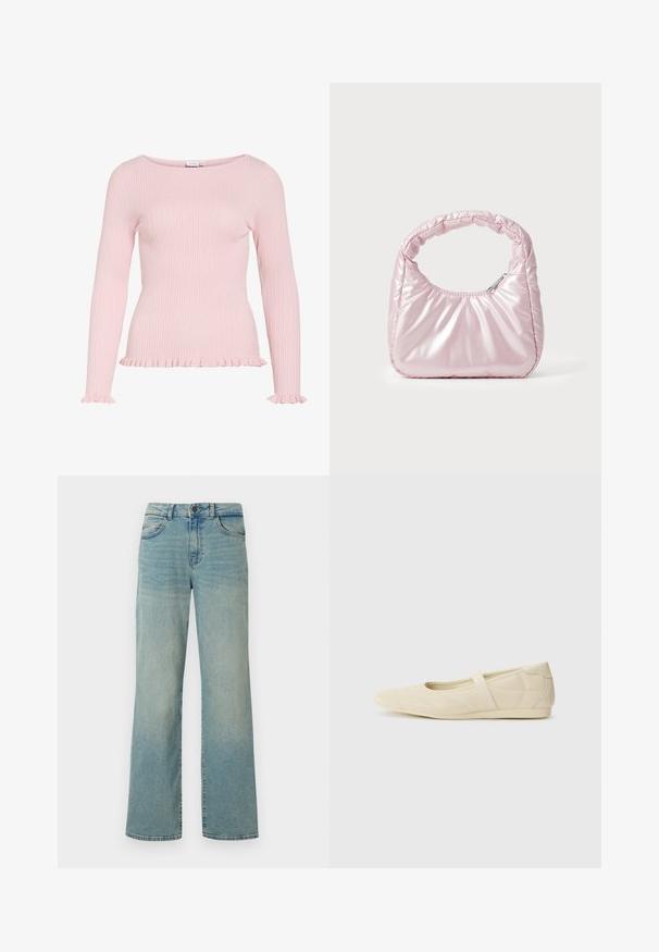 Lichtroze geribd langermig shirt met boothals, gerimpelde manchetten en gerimpelde zoomdetails.; Lichtblauwe denim jeans met een hoge taille, wijde benen en een klassiek vijf-pocket ontwerp. Voorzien van subtiele vervaging en een knoopsluiting.; Beige ballerina's met een gladde leren buitenkant, amandelvormige punt en elastische band over de wreef, met subtiele stiksels.; Roze, gevoerde handtas met een afgeronde vorm, gemaakt van glanzend materiaal. Beschikt over een geplooide handgreep en een ritssluiting voor veilige toegang.