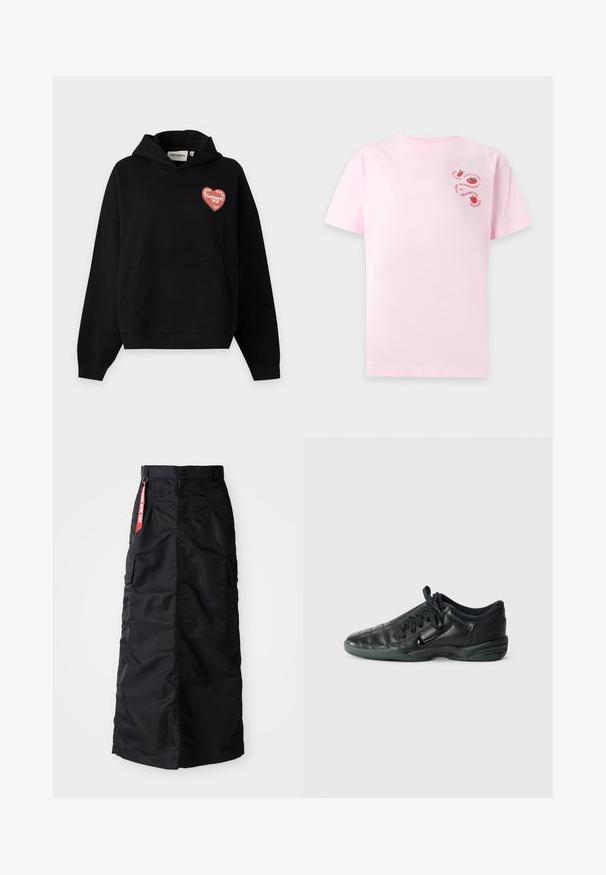 Sudadera negra con capucha, bolsillo frontal y pequeño logo rojo en forma de corazón en el pecho que dice "Carhartt WIP" con detalles florales.; Camiseta de manga corta de color rosa claro con pequeños gráficos de tomates rojos y texto circular en la parte superior izquierda del pecho.; Falda larga negra con botones y cremallera en el frente, bolsillos laterales tipo cargo y una etiqueta de tela roja "Retirar antes del vuelo" en la cinturilla.; Zapatilla deportiva de cuero negro con un diseño acolchado, punta redondeada, cordones en la parte delantera y suela de goma. Presenta un sutil logotipo en el lateral.