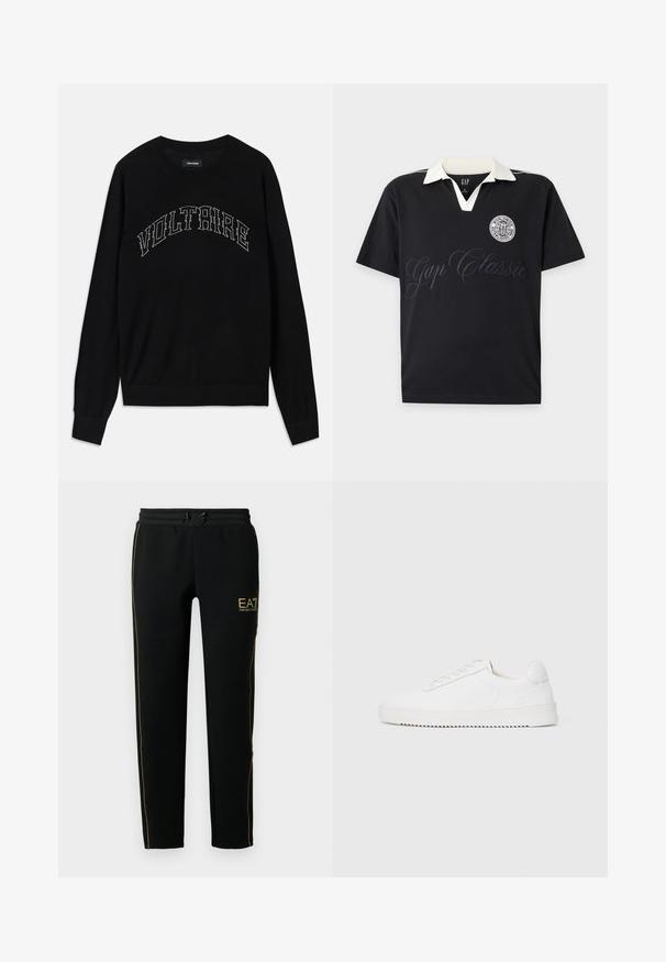 Sort sweater med rund hals og lange ærmer. "VOLTAIRE" i kontrasterende syning hen over brystet. Blød tekstur og tætsiddende design.; Sort kortærmet polo med hvid krave, "Gap Classic" skrift og en rund logopatch med teksten "Worldwide Established 1969" på brystet.; Sorte joggingbukser har et tapered design, elastisk talje med snor og gyldne accentstriber langs siderne og logoet.; Hvid sneaker med en glat læderoverdel, rund tå, snørebånd, teksturerede sideaccenter og en tyk gummisål. Minimalistisk design.