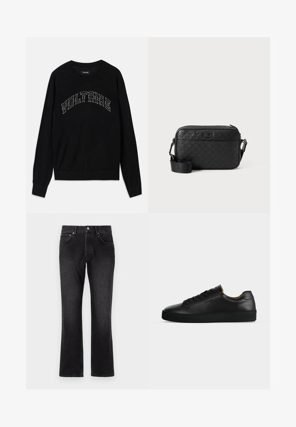 Pull noir avec un col rond et des manches longues. "VOLTAIRE" en couture contrastée sur la poitrine. Texture douce et design ajusté.; Jean en denim noir avec une coupe droite, présentant une taille mi-haute, des poches avant et une fermeture à boutons classique.; Basket basse en cuir noir avec lacets noirs, semelle en caoutchouc texturée et petit logo embossé sur le côté, présenté de profil sur fond gris.; Sac bandoulière noir texturé avec motif géométrique en relief et bandoulière réglable avec logo de la marque.