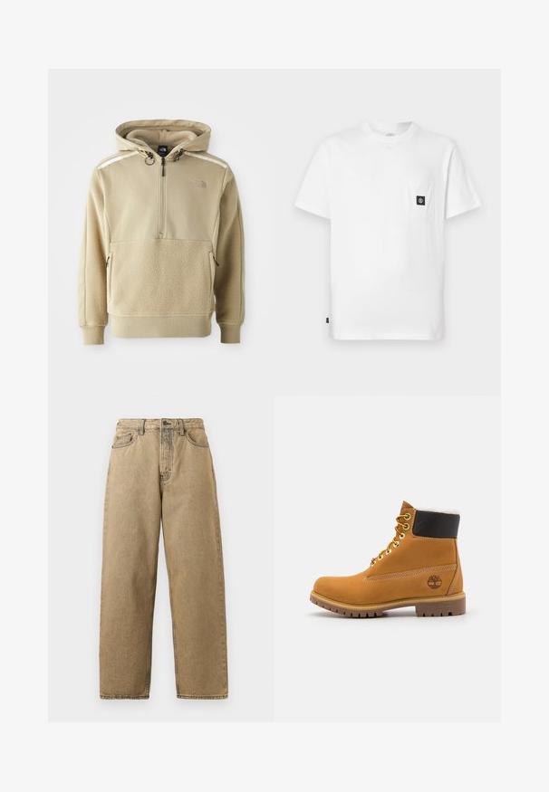 Beige hoodie met een half-rits sluiting, fleece body en gladde stof op de schouders. Inclusief verstelbare trekkoorden en ritszakken.; Witte katoenen T-shirt met een ronde hals, korte mouwen en een borstzakje met een zwarte logo-patch. Gladde textuur, losse pasvorm.; Tan denim jeans met een rechte pijpontwerp, voorzien van een rits, riemlussen en contrasterende stiksels. Geen opvallende patronen of hardwaredetails.; Bruine leren enkellaars met metalen oogjes, witte faux bont voering, zwarte gewatteerde kraag, robuuste zool en een reliëflogo aan de zijkant.