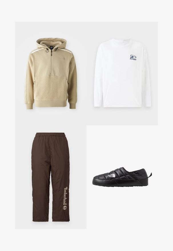 Beige hoodie med halv-zip lukning, fleece krop og glat stof på skuldrene. Inkluderer justerbare snore og lynlåslommer.; Hvid langærmet t-shirt lavet af bomuld, med et marineblåt logo på brystet. Rundet halsudskæring og lige kant med lange, komfortable ærmer.; Brune nylonbukser med elastisk talje. Har et lodret Timberland-logo i lys beige. Glat tekstur, ankel-lynlåse til justering af pasform.; Sort slip-on sko med et quiltet design, lavet af polstret materiale. Har en struktureret gummisål og et lille trækstrop bagpå.