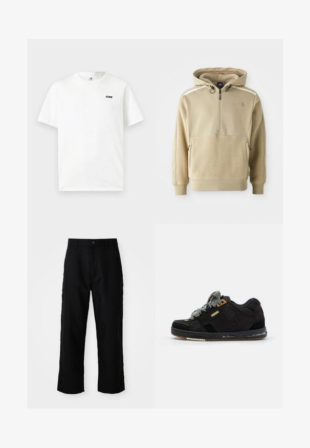 Hoodie beige avec fermeture à moitié éclair, corps en polaire et tissu lisse sur les épaules. Comprend des cordons de serrage réglables et des poches zippées.; T-shirt blanc à manches courtes et col rond avec petit logo noir "CONS" sur le côté gauche de la poitrine.; Pantalons droits noirs avec passants de ceinture, bouton frontal et fermeture éclair sur fond clair uni.; Globe SABRE - Baskets basses - black