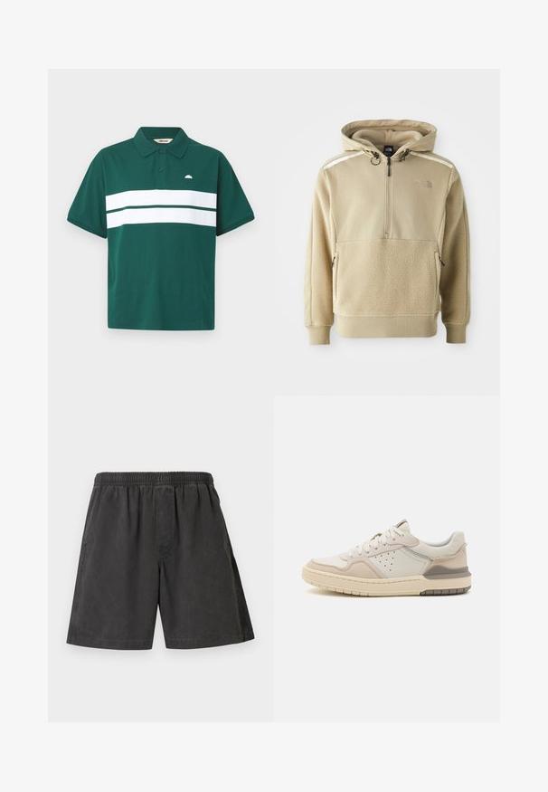 Beige hoodie med halv-zip lukning, fleece krop og glat stof på skuldrene. Inkluderer justerbare snore og lynlåslommer.; Grøn polo skjorte lavet af bomuld med en hvid vandret stribe hen over brystet. Har en klassisk krave og et lille logo på venstre side.; Sorte knælange shorts lavet af bomuld med elastisk talje og sidelommer, med et enkelt, ensfarvet design uden mønstre.; Sneakers i lysecrème og tan ruskind, med snørebåndslukning, perforerede detaljer og en tekstureret gummisål for godt greb.
