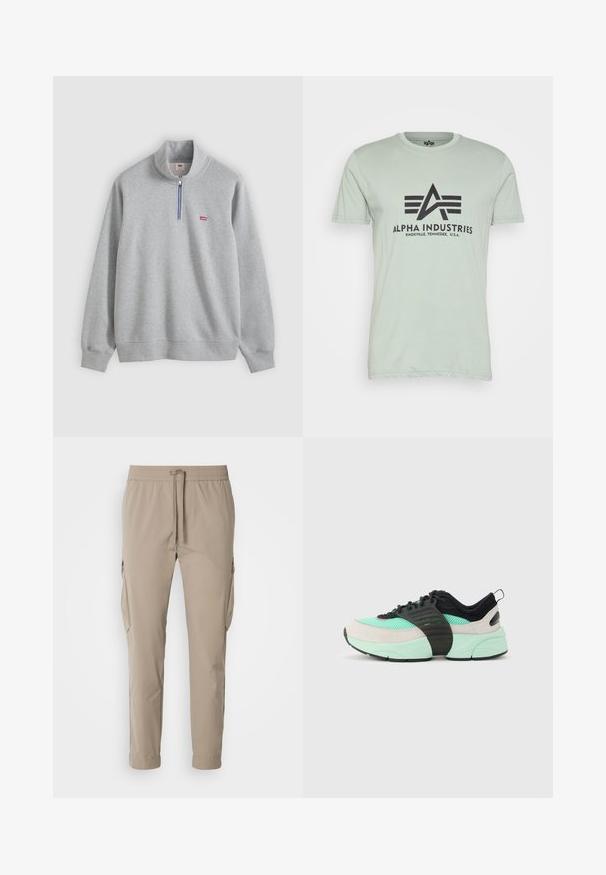 Hellgraues Levi's Sweatshirt mit Viertel-Reißverschluss, gerippten Bündchen und Saum, mit kleinem rotem Levi's-Logo auf der linken Brust.; Hellgrünes Baumwoll-T-Shirt mit Rundhalsausschnitt, kurzen Ärmeln und schwarzem, bedrucktem "Alpha Industries"-Logo mit ikonischen Designelementen auf der Vorderseite.; Beige Cargo-Hosen mit elastischem Bund und Kordelzug. Sie verfügen über Seitentaschen und ein schmal zulaufendes Bein, gefertigt aus leichtem Stoff.; Sneaker mit niedrigem Schaft aus mintgrünem Mesh, beigen Wildleder-Overlays, schwarzen Schnürsenkeln und einer klobigen mintfarbenen Sohle mit schwarzem Mittelrist-Riemen.