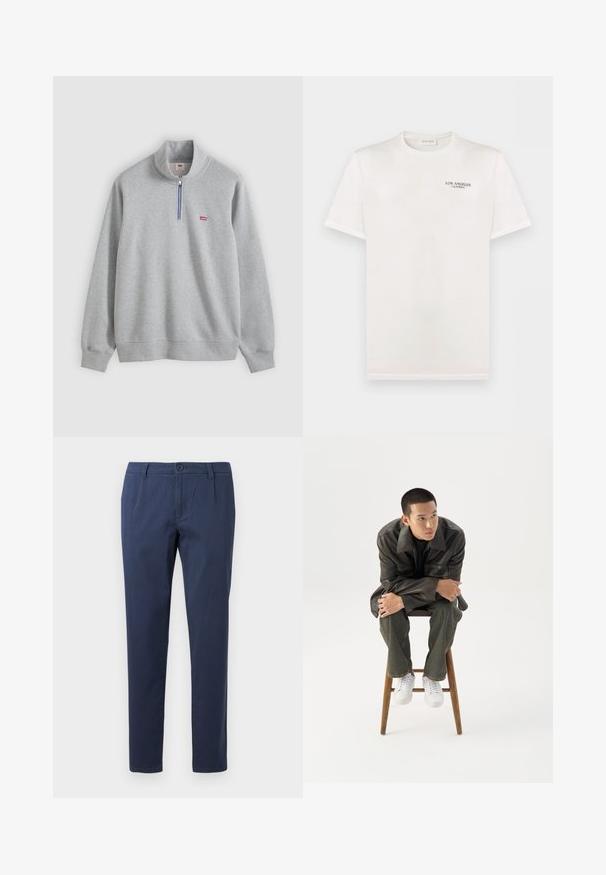 Hellgraues Levi's Sweatshirt mit Viertel-Reißverschluss, gerippten Bündchen und Saum, mit kleinem rotem Levi's-Logo auf der linken Brust.; Weißes T-Shirt mit kurzen Ärmeln und Rundhalsausschnitt mit kleinem schwarzen Text "LOS ANGELES CALIFORNIA" auf der oberen linken Brust.; Marineblaue Hose aus leichtem Stoff, mit einem frontalen Knopfverschluss, zwei Seitentaschen und einem geraden Beinansatz.; Junger Mann in dunkler Lederjacke und Jeans sitzt auf einem Holzstuhl, lehnt sich mit verschränkten Armen nach vorne und schaut seitlich vor weißem Hintergrund.