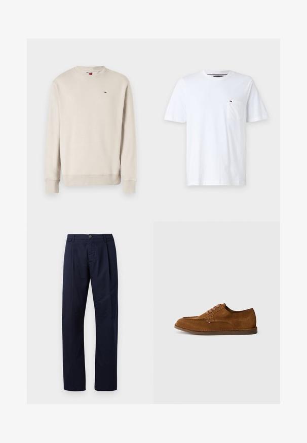 Beige langærmet crewneck sweatshirt med ribbede manchetter og kant, prydet med et lille rødt, hvidt og blåt flaglogo på brystet.; Hvid bomulds t-shirt med klassisk rund hals, korte ærmer og en venstre brystlomme med en lille logoaccent. Glat tekstur.; Marineblå bukser lavet af stof med en glat tekstur, med lige ben, knaplukning og en enkelt frontfold.; Brun ruskindsko med rundet tå, dekorative syninger og seks kontrasterende snørehuller. Flad sål og minimalistisk design.