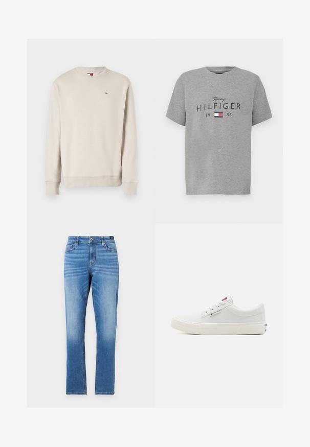 Beige pitkähihaine crewneck-huppari, jossa on resorit hihansuissa ja helmassa. Rinnassa pieni punavalkoinen ja sininen lippulogo.; Harmaa pyöreäkauluksinen t-paita, jossa on teksti "Tommy Hilfiger 1985" ja punavalkosini-kirjaiminen suorakulmainen logo rinnassa.; Vaaleansiniset farkut, joissa on suora malli, viisi taskua, etupainike ja hienovarainen haalistuminen reisissä.; Tommy Jeans SKATE DERBY - Matalavartiset tennarit - white