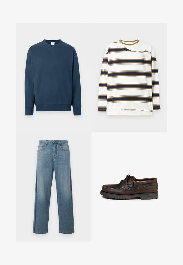 Mørkeblå crewneck-sweatshirt med lange ærmer, ribstrikkede manchetter og kant samt en lille syet V-detalje under kraven.; Langærmet crew neck-shirt med horisontale navy og brune striber på hvid baggrund og lille brystlomme med label.; Lyseblå, vidtsiddende denimjeans med klassisk fem-lomme-design. Har knap- og lynlåslukning samt diskret falming i stoffet.; Brune læder bådsko med rund tå, stiksøm detaljer og metaløjer til snørebånd. Gummisål med mønster.