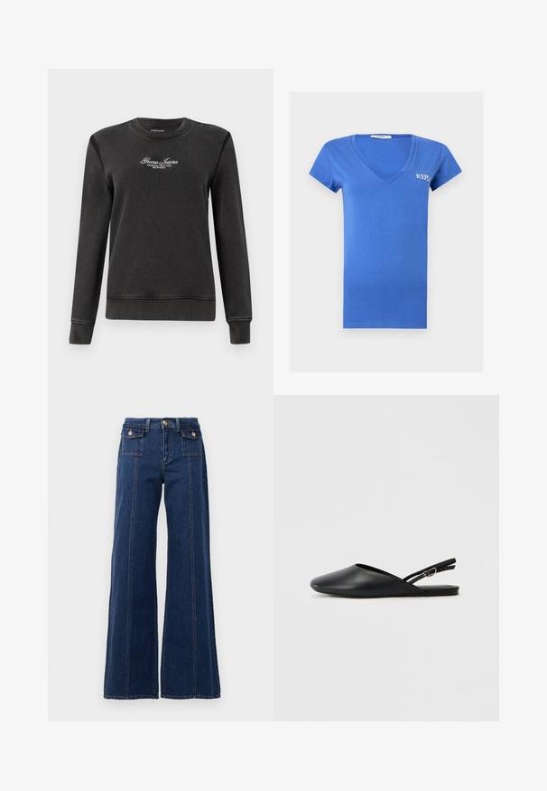Tumedat halli värvi dressipluus soonikkoes ümar kaelusega, pikkade varrukatega ja soonikkoes varrukasäärtega. Esiküljel valge tikitud "Guess Jeans" logo.; Sinine lühikeste varrukatega V-kaelusega T-särk väikese valge "REPLAY" logoga vasakul rinnal, esitletud ühetoonilisel heledal taustal.; Tumedatest sinised laiad teksapüksid, mis on valmistatud denimist. Omavad nelja taskut, suurepäraseid õmblusdetailide ning kõrge vöökoha disaini. Klassikaline nööpkinnitus.; Must mustad slingback kingad mustaga nahast, terava varba, kõverdisainiga ja reguleeritava pandlaga. Siledad pinnad, lame tald, minimaalne detailide kasutamine.