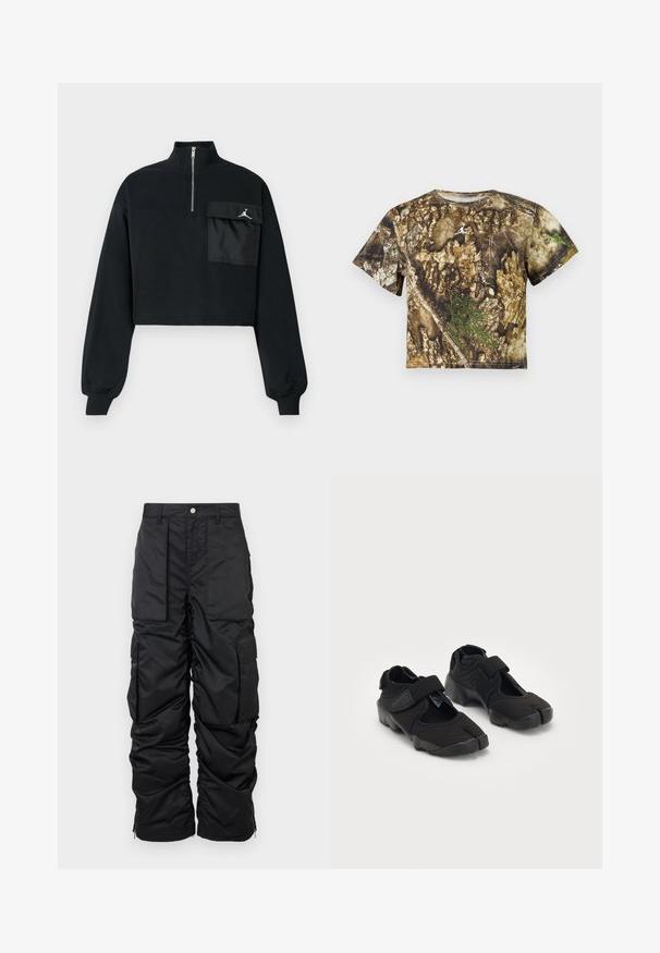 Sort cropped sweatshirt med lange ærmer, ribbede manchetter, krave med halv lynlås og en stor klaplomme med hvid Jumpman-logo på brystet.; Kortærmet skjorte med detaljeret brun og grøn kamuflage i barkmønster, med en lille hvid logo på brystet.; Sorte isolerede cargobukser med en glat tekstur, der har flere lommer, en lynlås i kanten og en knaplukning i taljen.; Sorte vandsko lavet af fleksibelt stof med en velcrorem, der har et unikt split-tå design og en tekstureret gummisål for bedre greb.