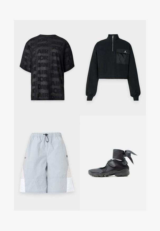 Sweatshirt noir cropped avec manches longues, poignets côtelés, col à demi-zip et une grande poche rabat avec le logo Jumpman blanc sur la poitrine.; T-shirt noir à manches courtes en mesh avec motif répétitif du texte « Air Jordan » et petit logo Jordan Jumpman au centre de l'encolure avant.; Shorts de sport gris clair avec des panneaux latéraux blancs, une taille élastique et un cordon noir, présentés sur un fond uni.; Chaussure de sport noire avec des découpes, des brides en velcro et un lacet autour de la cheville noué en un nœud, vue de côté sur un fond blanc.