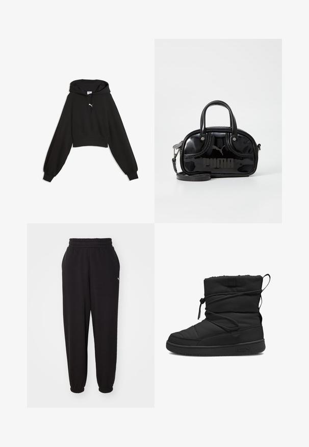 Sort cropped hoodie med lange ballonærmer, snøretrækshætte, ribstrikkede manchetter og kant, med lille hvid Puma-logo på brystet.; Sorte sweatpants lavet af blødt stof, med en ribbet talje og mansjetter ved anklerne. Indeholder en lille logoaccent på siden.; Sort isoleret støvle med en kviltet struktur, elastisk snøre lukning, polstret kant og en gummisål med et minimalistisk logo.; Sort lakeret håndtaske med dobbelte top-håndtag, aftagelig skulderrem, rund form og et fremtrædende præget "PUMA"-logo.