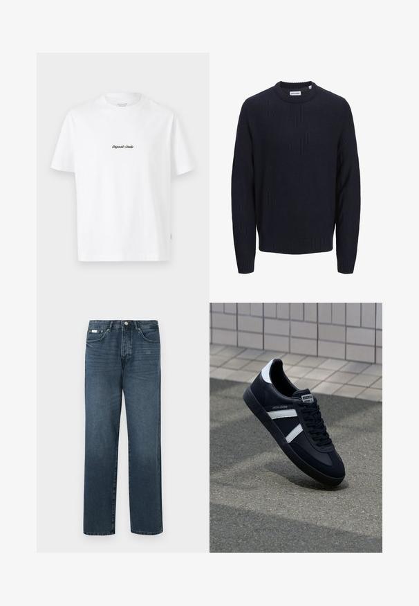 Marineblå langærmet striktrøje med rund hals og ribstrikkede manchetter og fald, vist på en ensartet lys grå baggrund.; Hvid bomulds t-shirt med korte ærmer, der har et lille sort "Originals Studio" logo på brystet og et tekstureret mærke på kanten.; Mørkeblå denimbukser med lige pasform, fem lommer, bæltestropper og lynlås. Glat tekstur med subtile blegede detaljer.; Sort lædersneaker med hvide striber, tekstureret gummisål og snørrebånd foran. Har et brandet mærke på tungen.